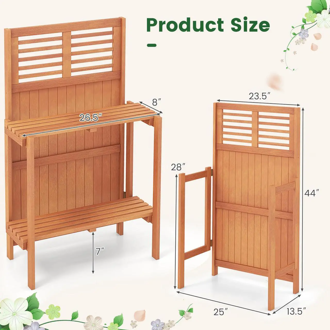 Alt view image 5 of 7 - SlickBlue Folding Garden Potting Bench with 2-tier Storage Shelves and Teak Oil Finish for Garden Yard Balcony