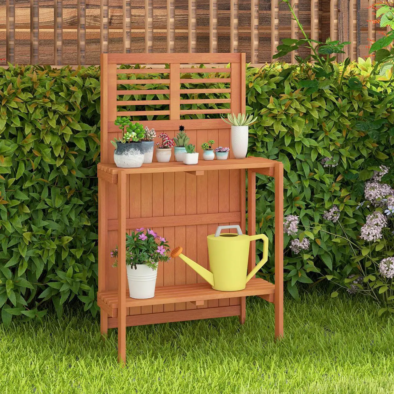 Alt view image 4 of 7 - SlickBlue Folding Garden Potting Bench with 2-tier Storage Shelves and Teak Oil Finish for Garden Yard Balcony