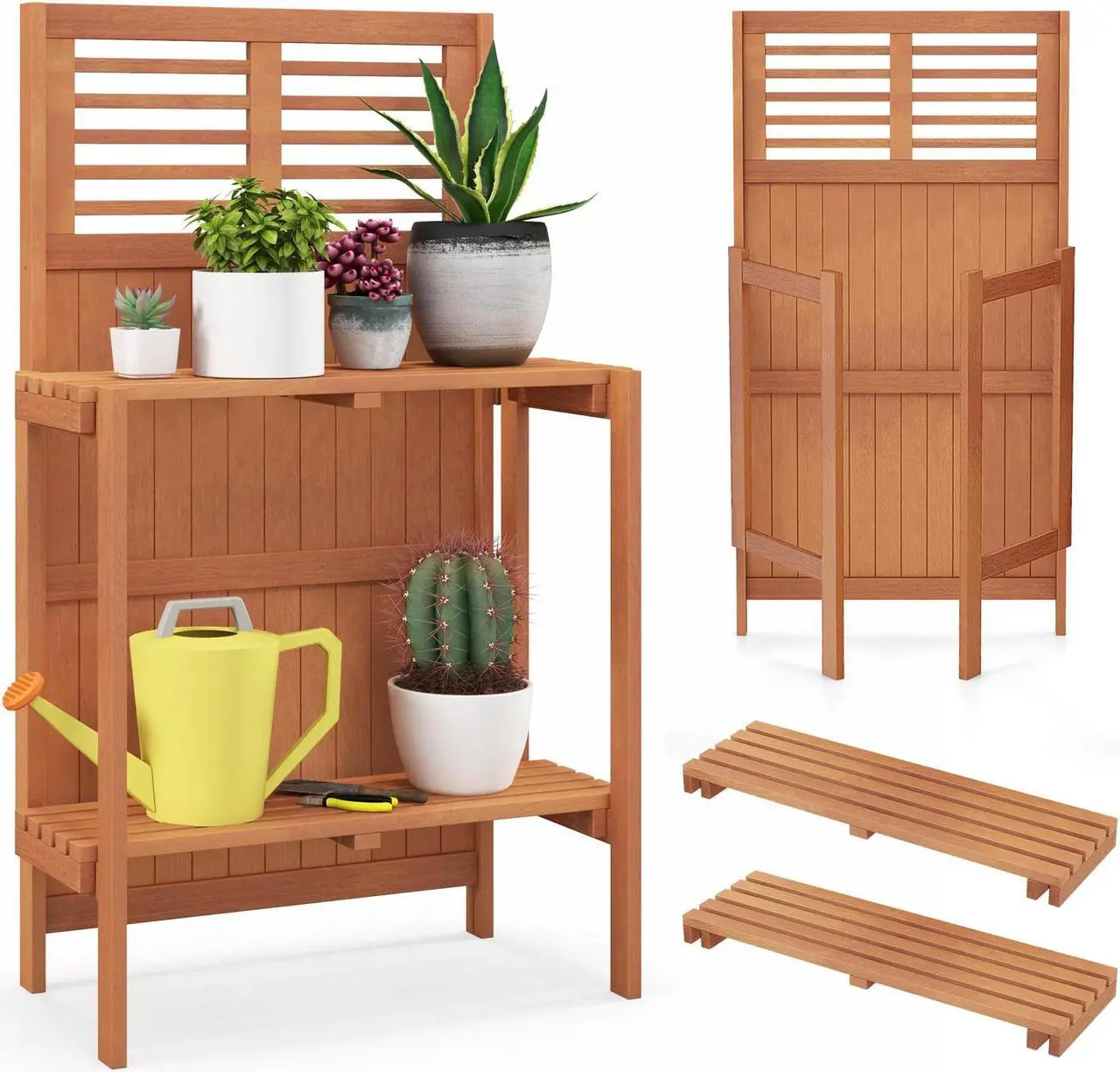 Alt view image 2 of 7 - SlickBlue Folding Garden Potting Bench with 2-tier Storage Shelves and Teak Oil Finish for Garden Yard Balcony