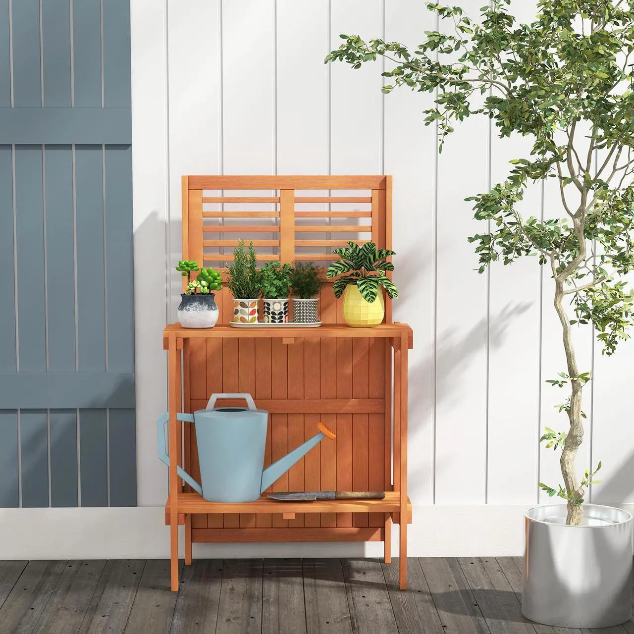 Alt view image 3 of 7 - SlickBlue Folding Garden Potting Bench with 2-tier Storage Shelves and Teak Oil Finish for Garden Yard Balcony
