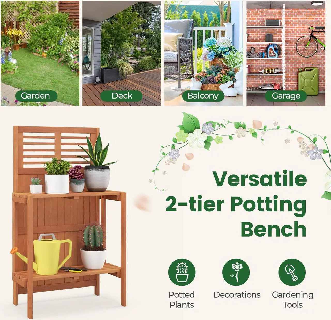 Alt view image 7 of 7 - SlickBlue Folding Garden Potting Bench with 2-tier Storage Shelves and Teak Oil Finish for Garden Yard Balcony