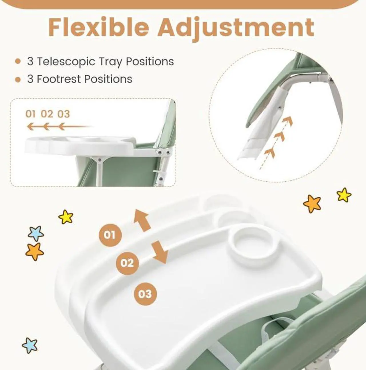 Alt view image 5 of 7 - SlickBlue Easy Clean Compact Highchair with Removable Adjustable Tray and PU Seat Cushion