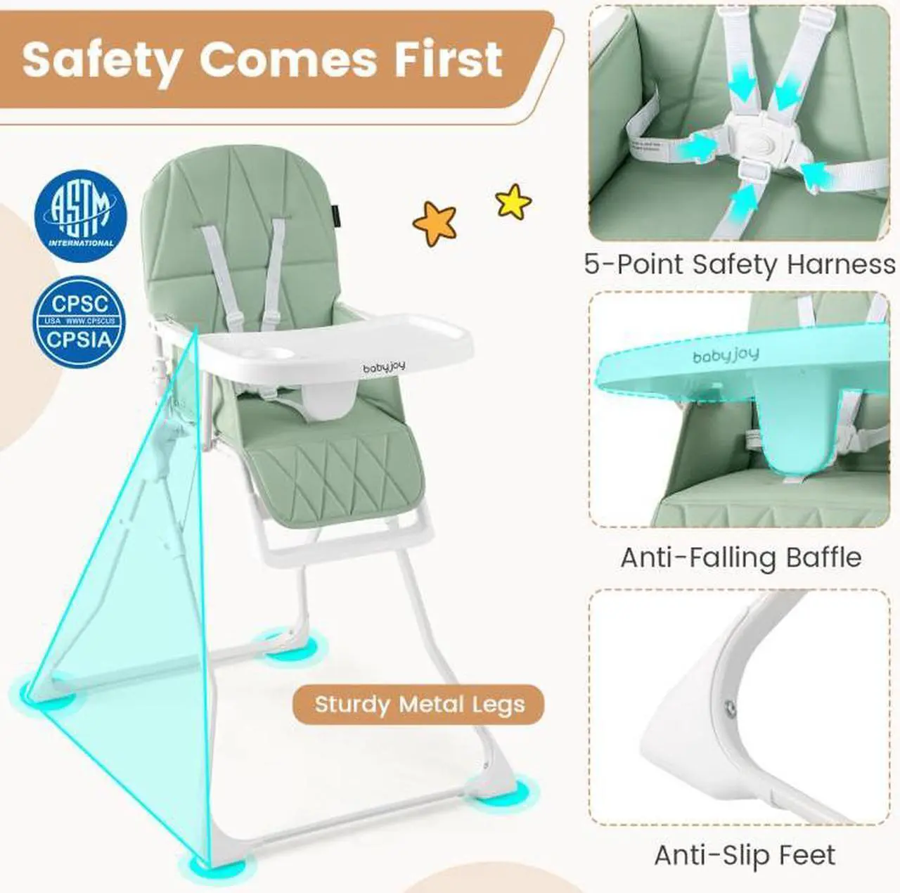 Alt view image 6 of 7 - SlickBlue Easy Clean Compact Highchair with Removable Adjustable Tray and PU Seat Cushion