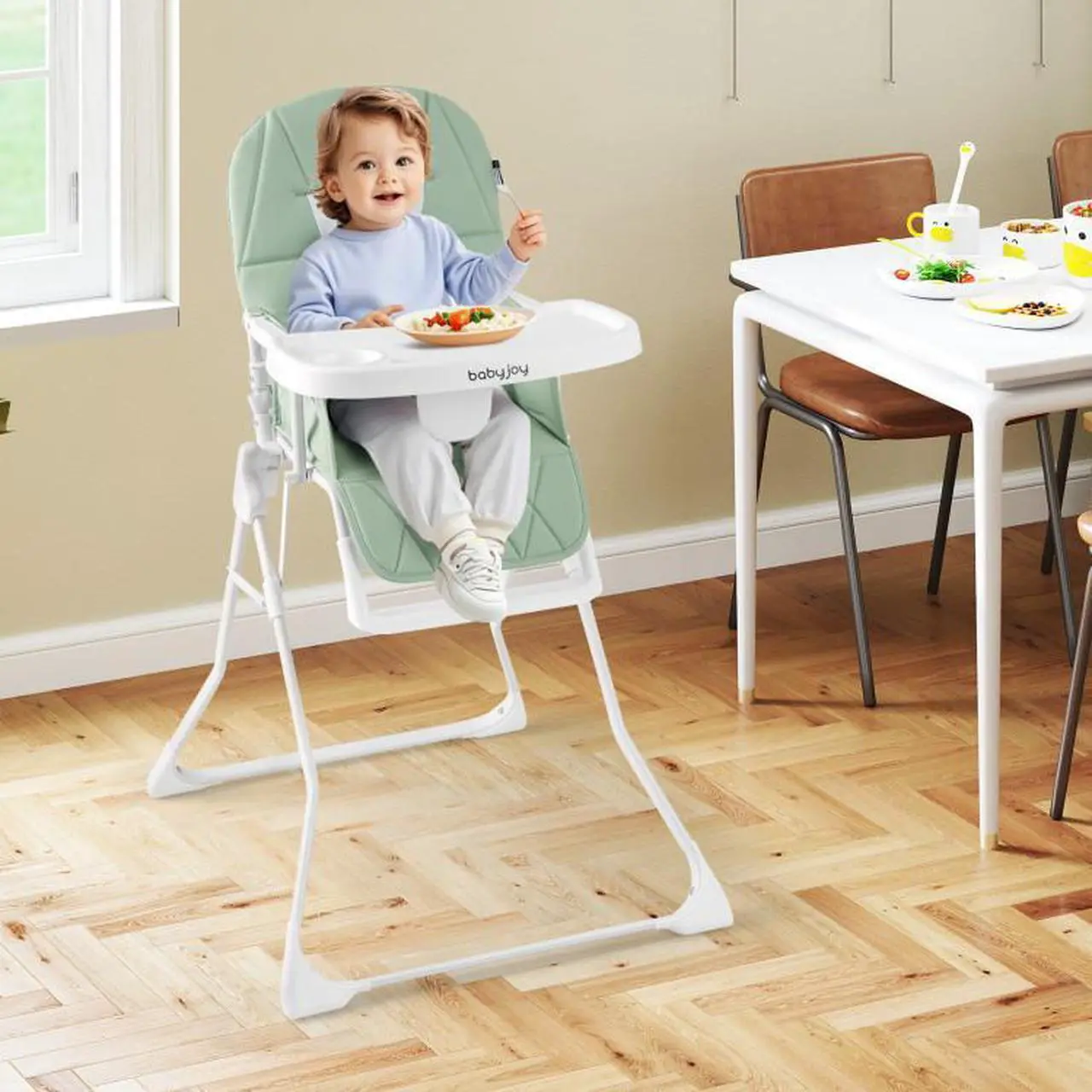 Alt view image 3 of 7 - SlickBlue Easy Clean Compact Highchair with Removable Adjustable Tray and PU Seat Cushion