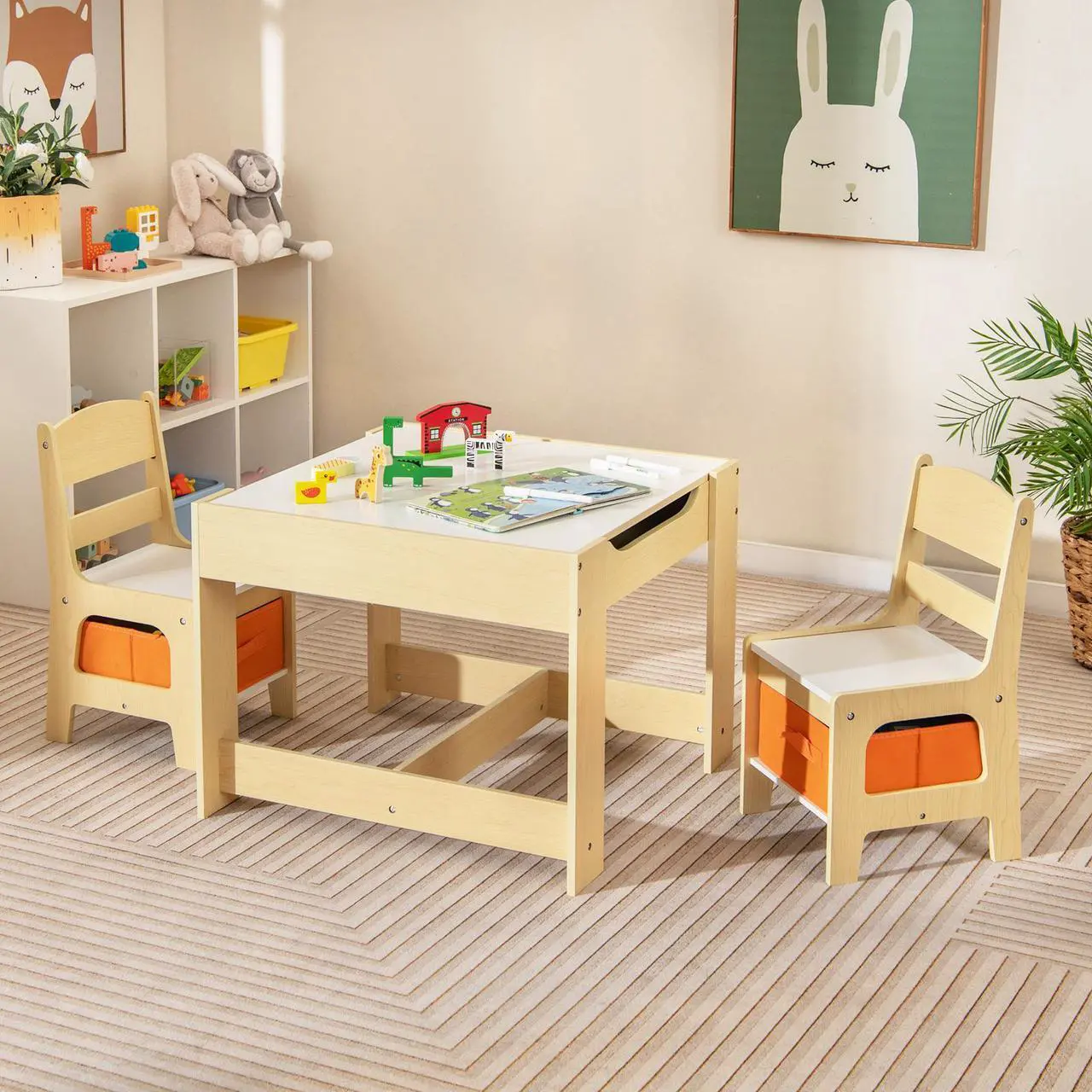 Alt view image 2 of 7 - SlickBlue Kids Table Chairs Set With Storage Boxes Blackboard Whiteboard Drawing