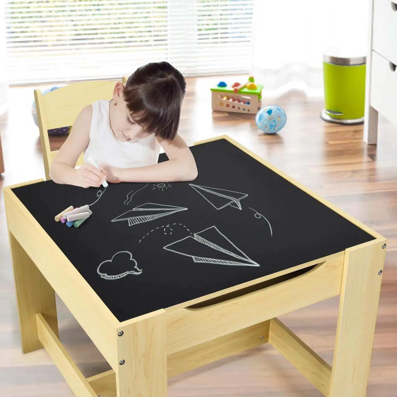 Alt view image 3 of 7 - SlickBlue Kids Table Chairs Set With Storage Boxes Blackboard Whiteboard Drawing