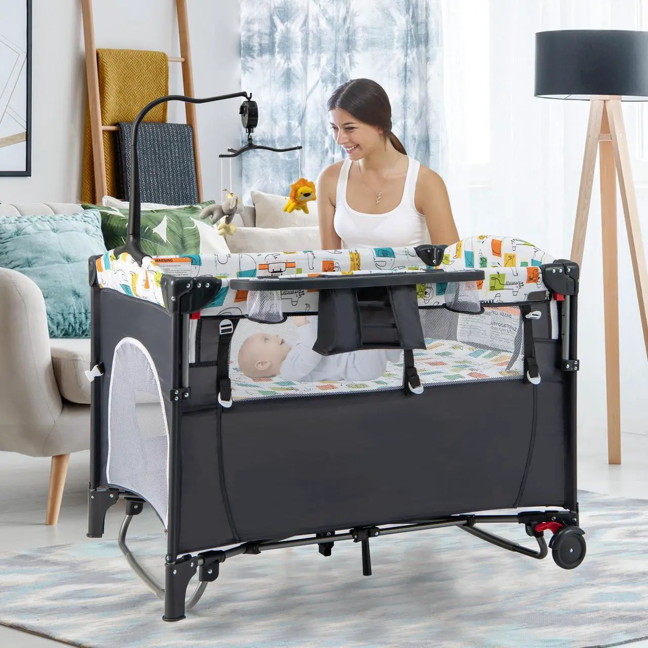 Alt view image 3 of 7 - SlickBlue 5-in-1 Baby Nursery Center Foldable Toddler Bedside Crib with Music Box