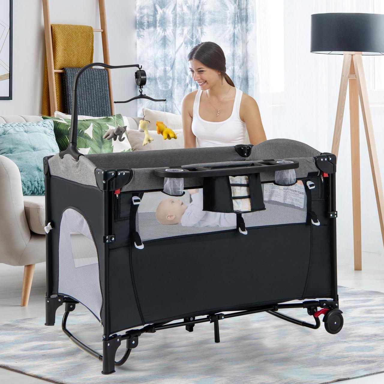 Alt view image 3 of 7 - SlickBlue 5-in-1 Baby Nursery Center Foldable Toddler Bedside Crib with Music Box