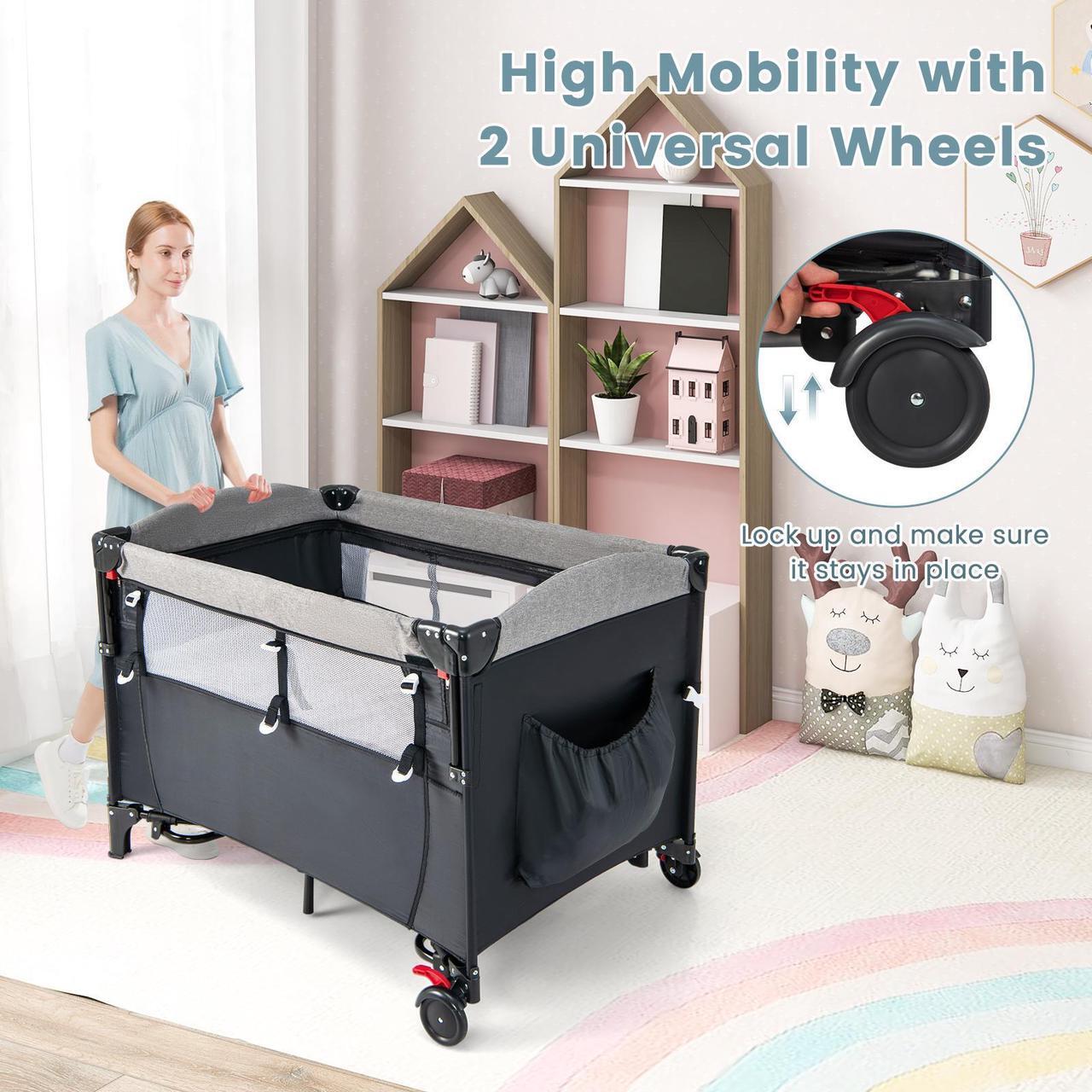 Alt view image 7 of 7 - SlickBlue 5-in-1 Baby Nursery Center Foldable Toddler Bedside Crib with Music Box