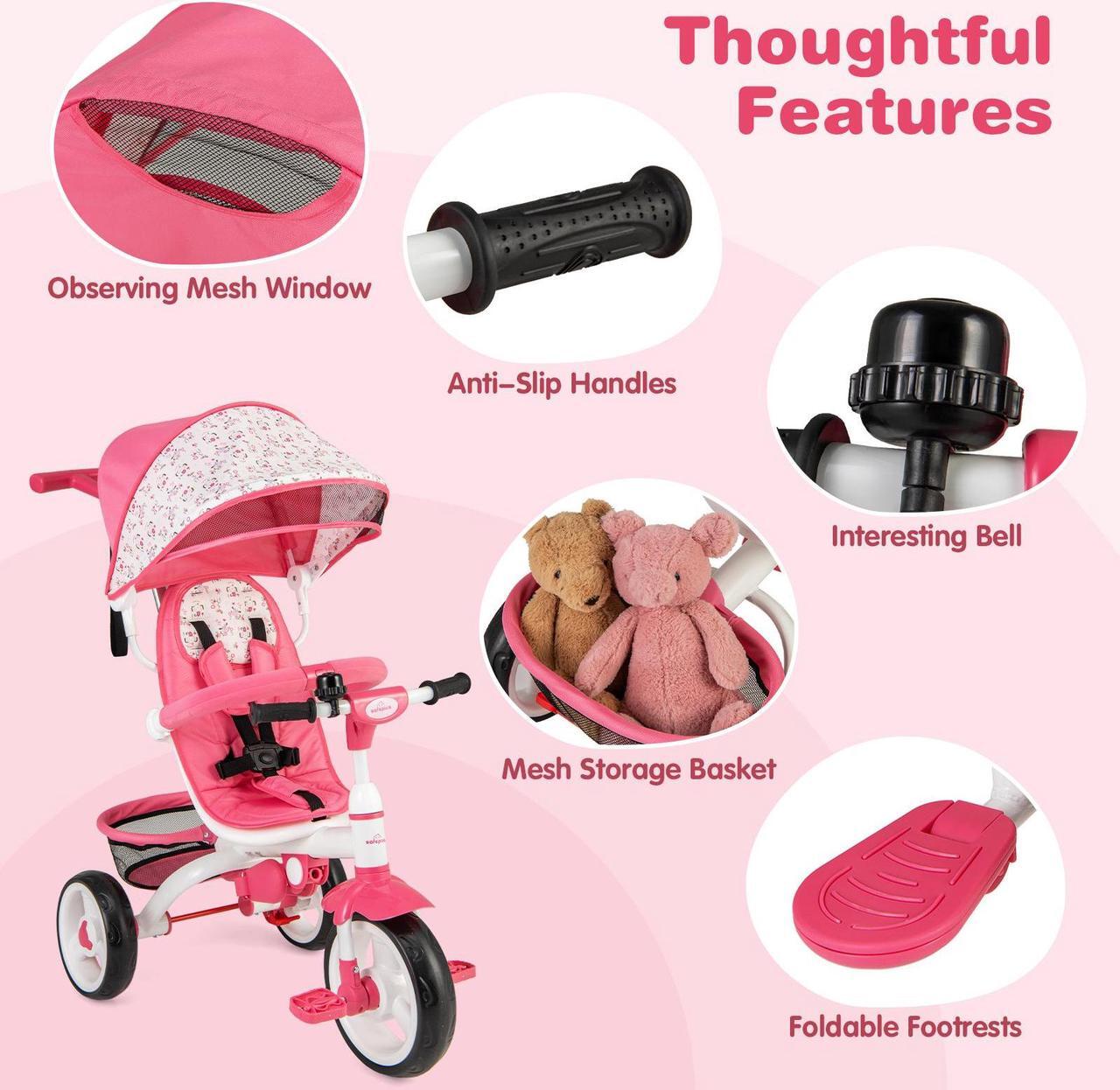 Alt view image 7 of 7 - SlickBlue 5-in-1 Detachable Baby Stroller Tricycle with Round Canopy-Pink