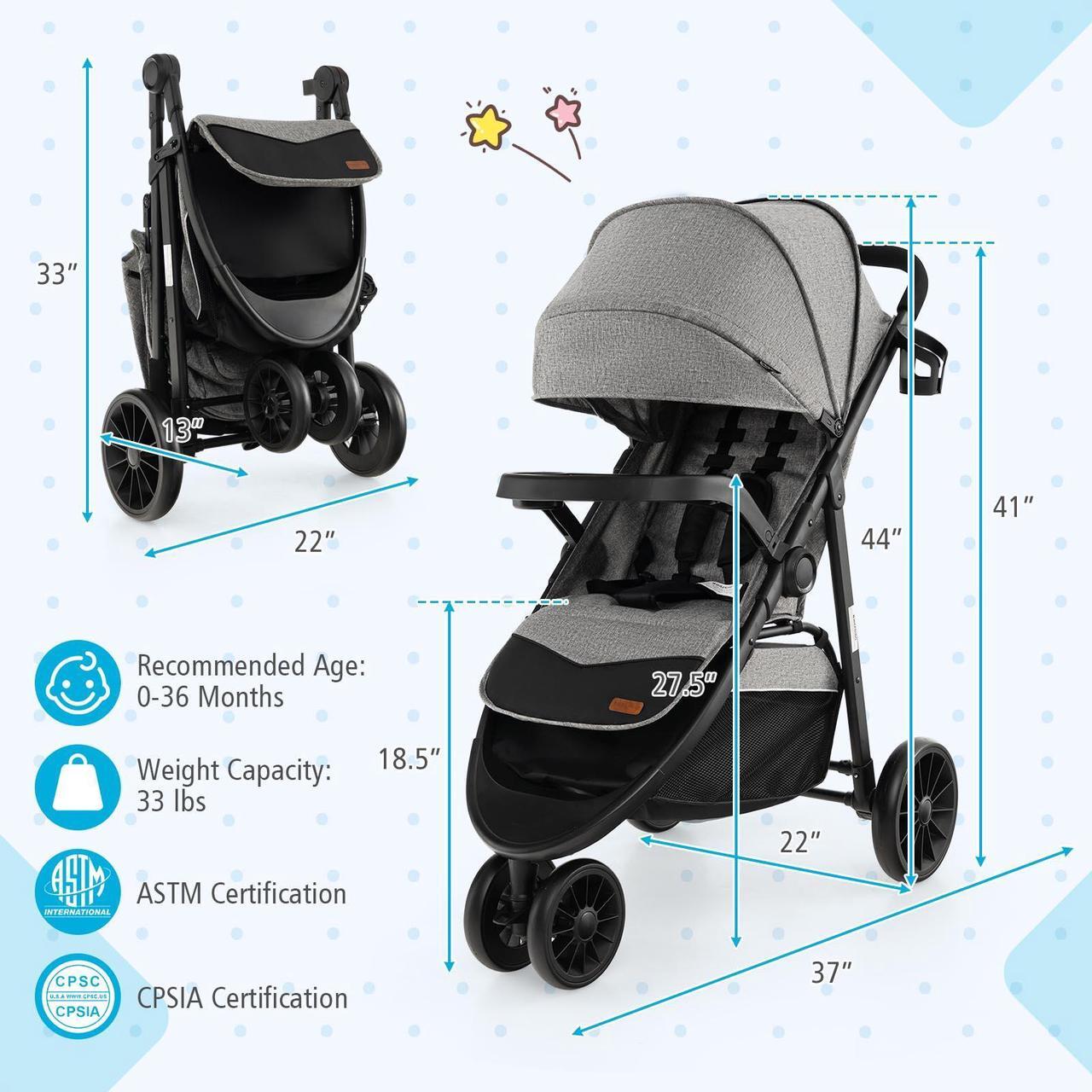 Alt view image 4 of 7 - SlickBlue Baby Jogging Stroller with Adjustable Canopy for Newborn-Gray