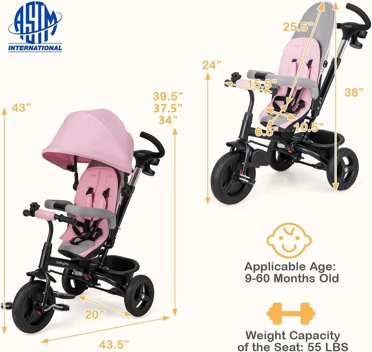 Alt view image 5 of 7 - SlickBlue 4-in-1 Baby Tricycle Toddler Trike with Reversible Seat and 5-Point Safety Harness-Pink