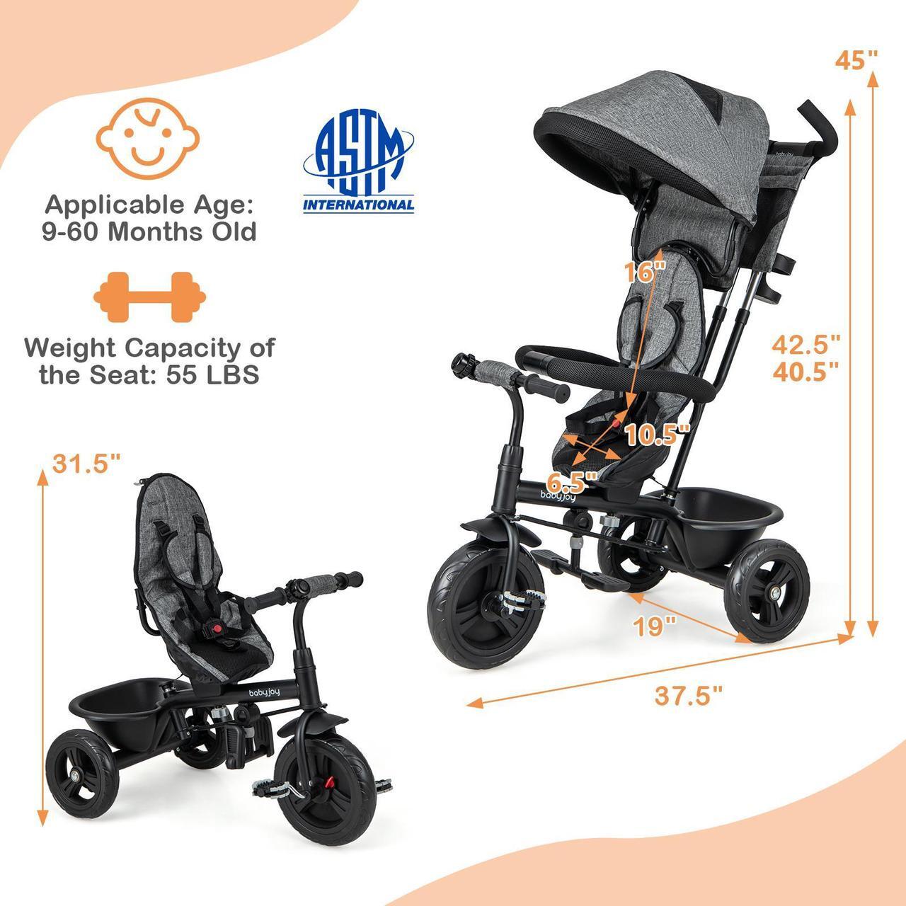 Alt view image 4 of 7 - SlickBlue 4-in-1 Baby Trike Kids Tricycle with Removable Canopy and Adjustable Push Handle