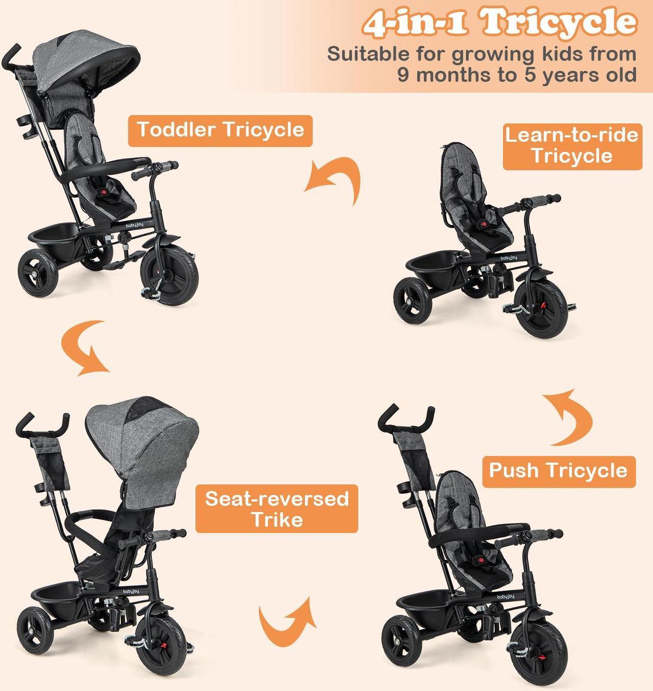 Alt view image 5 of 7 - SlickBlue 4-in-1 Baby Trike Kids Tricycle with Removable Canopy and Adjustable Push Handle
