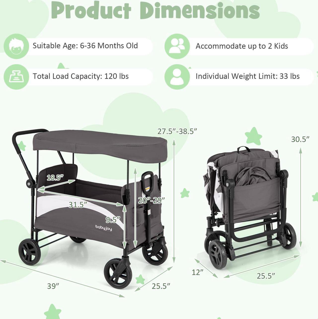 Alt view image 5 of 7 - SlickBlue 2-Seat Stroller Wagon with Adjustable Canopy and Handles