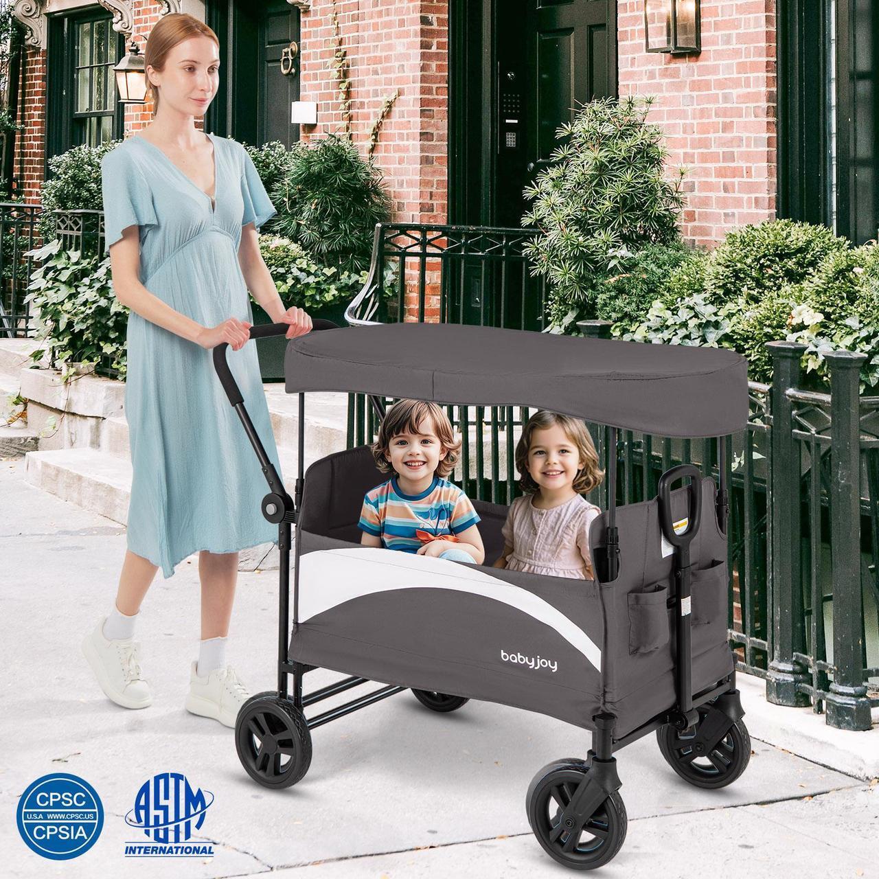 Alt view image 3 of 7 - SlickBlue 2-Seat Stroller Wagon with Adjustable Canopy and Handles