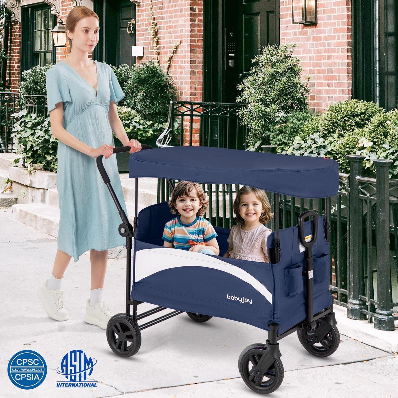 Alt view image 3 of 7 - SlickBlue 2-Seat Stroller Wagon with Adjustable Canopy and Handles