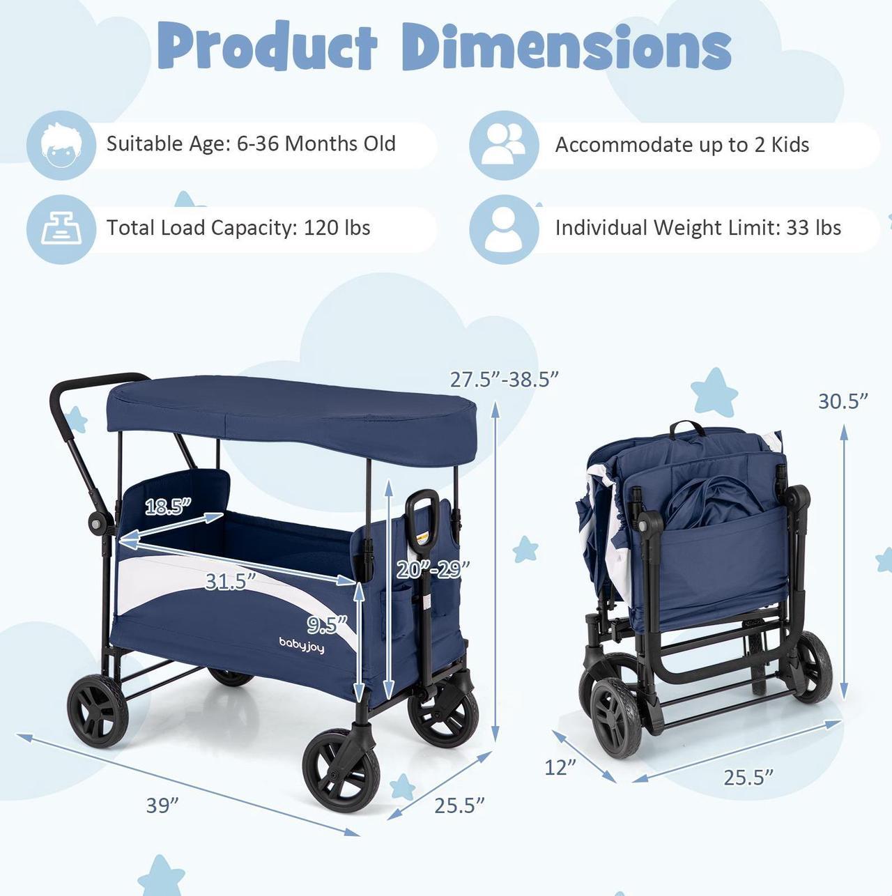 Alt view image 5 of 7 - SlickBlue 2-Seat Stroller Wagon with Adjustable Canopy and Handles