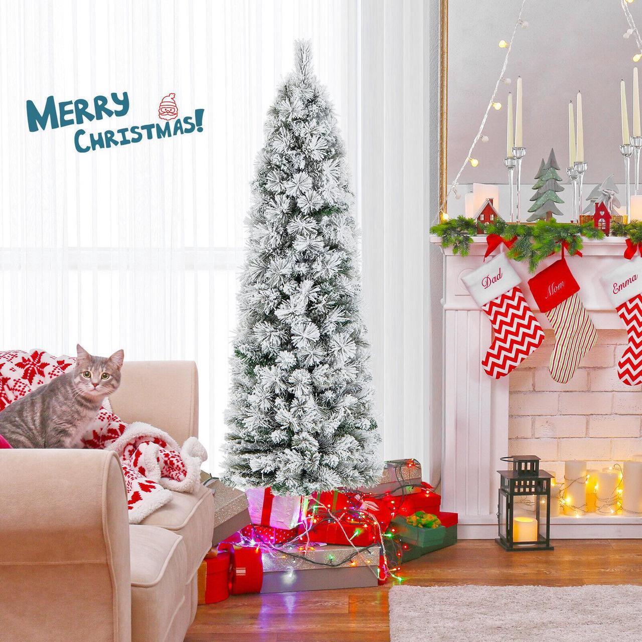 Alt view image 3 of 7 - SlickBlue Pre-Lit Slim Flocked Christmas Tree with 258 Branch Tips and 100 Lights