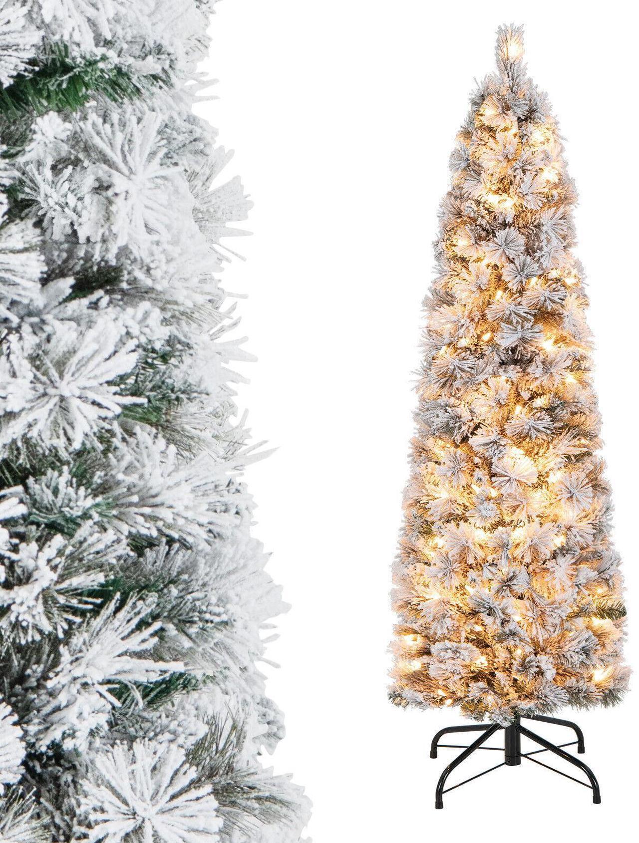 Alt view image 4 of 7 - SlickBlue Pre-Lit Slim Flocked Christmas Tree with 258 Branch Tips and 100 Lights
