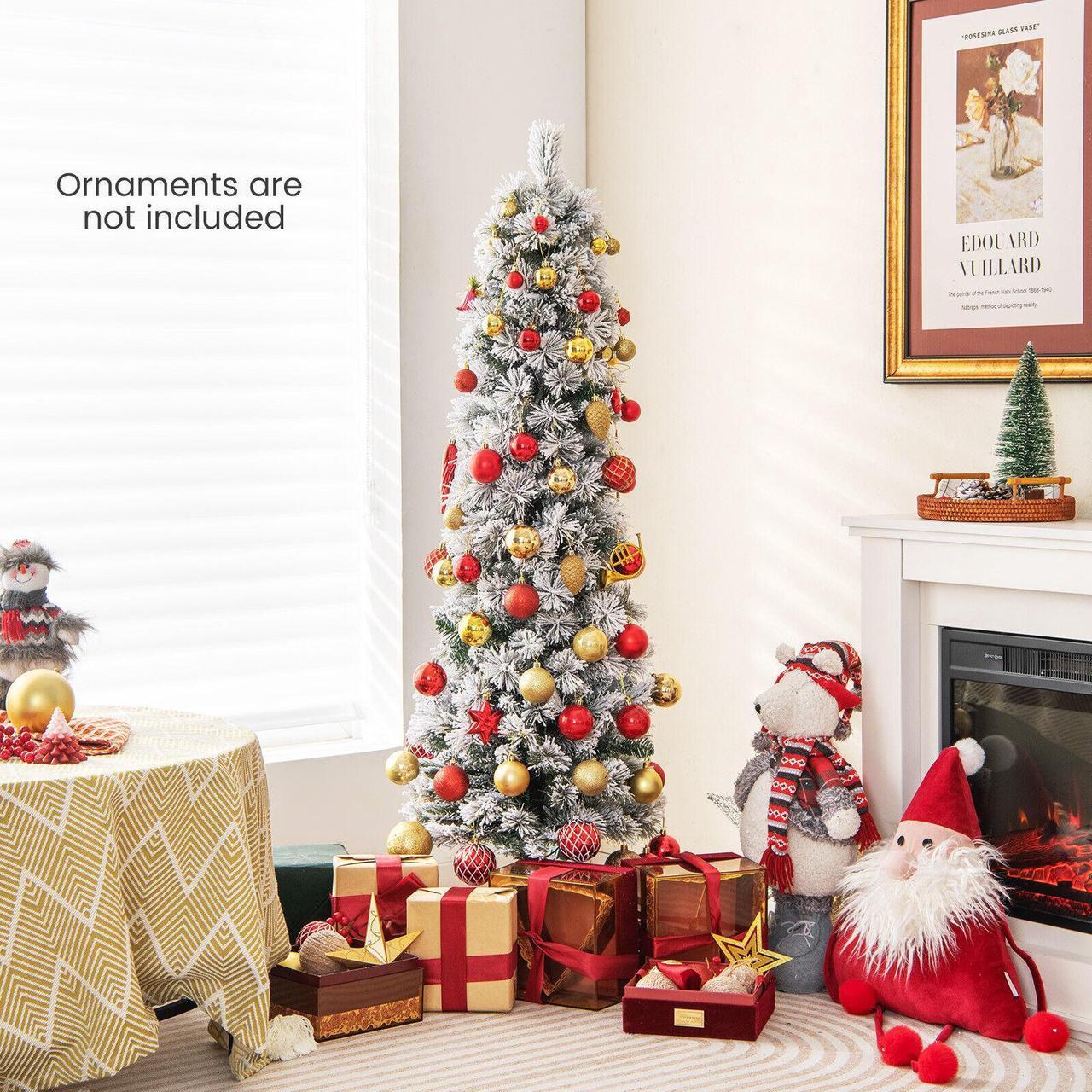 Alt view image 2 of 7 - SlickBlue Pre-Lit Slim Flocked Christmas Tree with 258 Branch Tips and 100 Lights