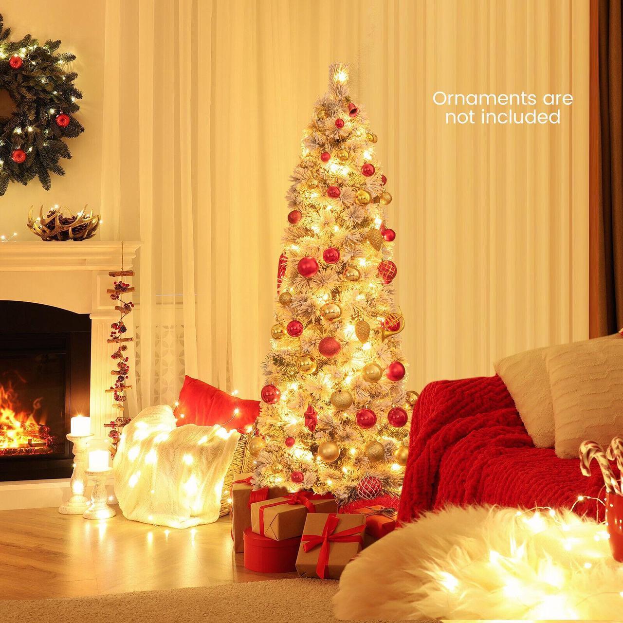 Alt view image 6 of 7 - SlickBlue Pre-Lit Slim Flocked Christmas Tree with 258 Branch Tips and 100 Lights