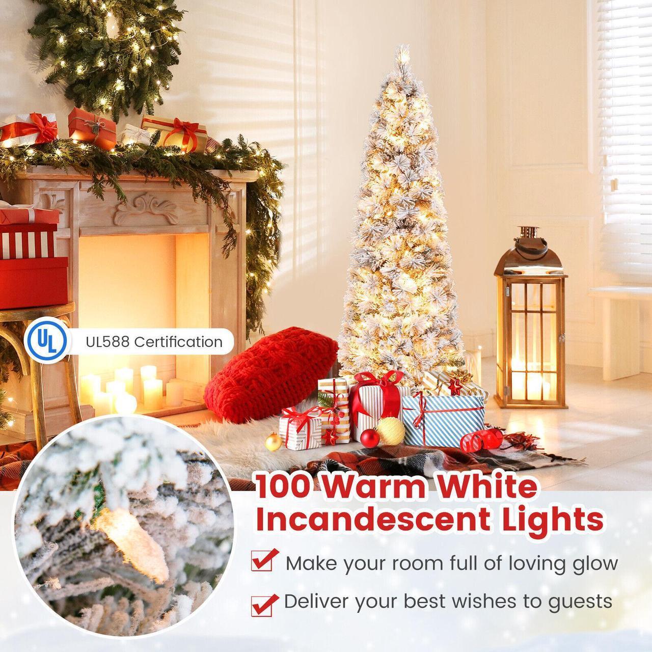 Alt view image 7 of 7 - SlickBlue Pre-Lit Slim Flocked Christmas Tree with 258 Branch Tips and 100 Lights