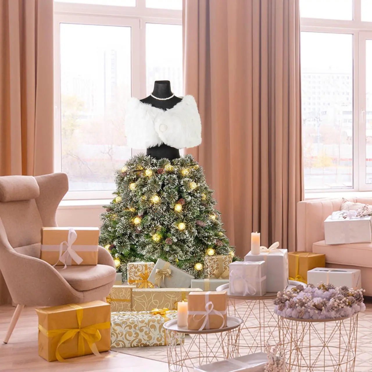 Alt view image 3 of 7 - SlickBlue Pre-lit Mannequin Artificial Christmas Tree Hinged Dress Form Xmas Tree with 465 Branch Tips