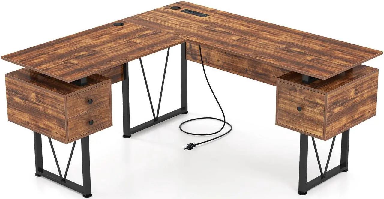 Main image of SlickBlue L-shaped Computer Desk with Power Outlets and 3 Storage Drawers