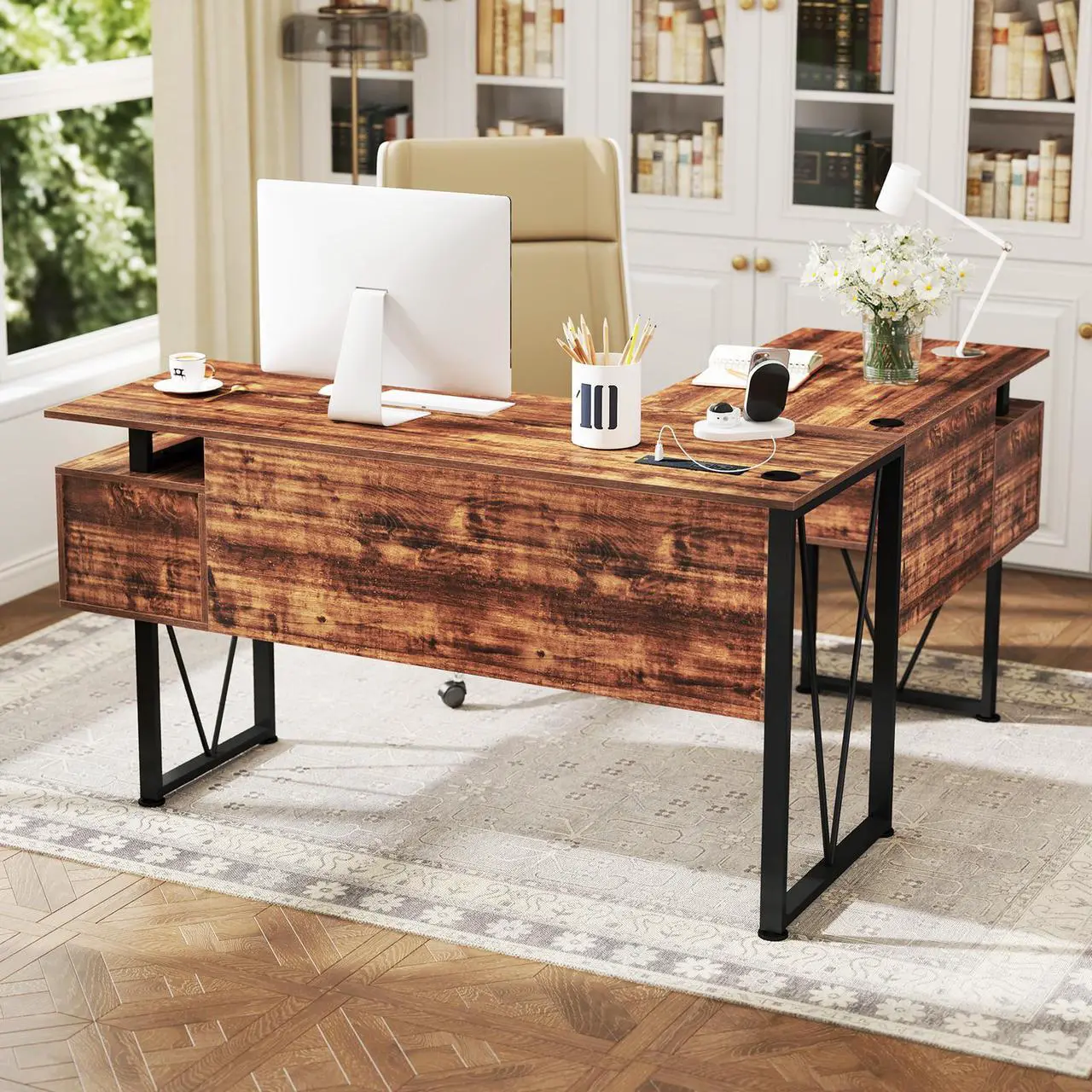 Alt view image 3 of 7 - SlickBlue L-shaped Computer Desk with Power Outlets and 3 Storage Drawers