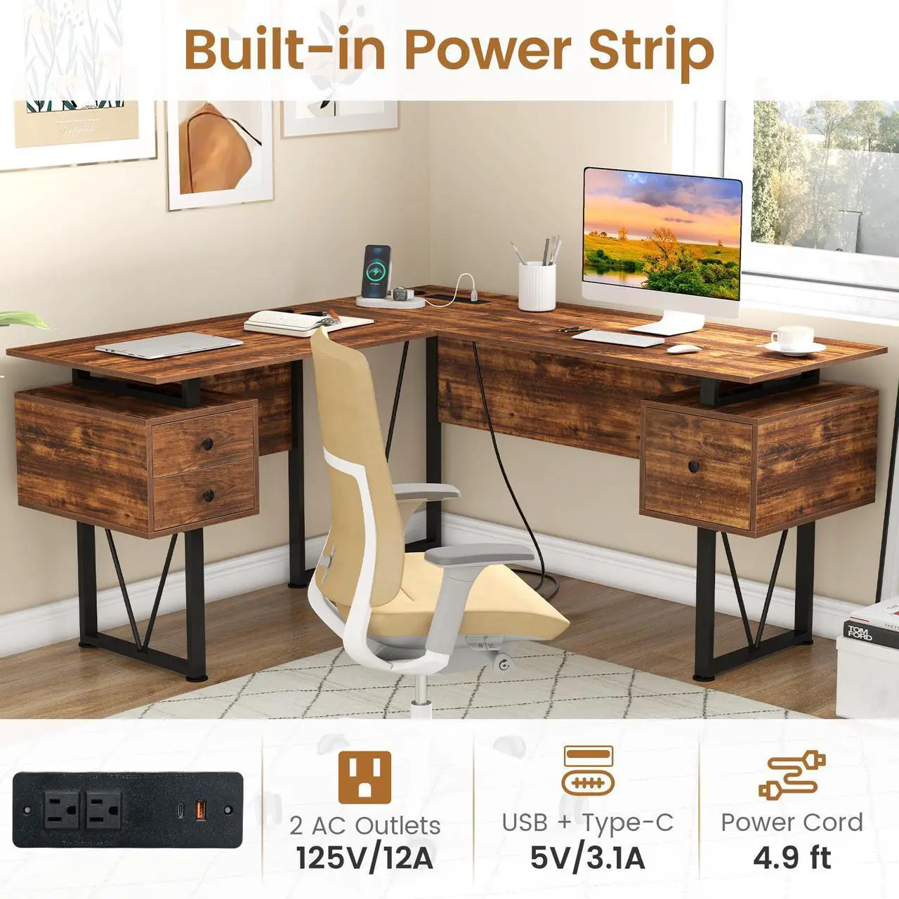 Alt view image 7 of 7 - SlickBlue L-shaped Computer Desk with Power Outlets and 3 Storage Drawers