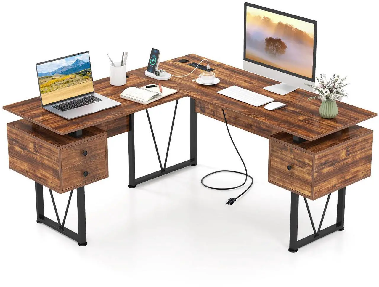 Alt view image 4 of 7 - SlickBlue L-shaped Computer Desk with Power Outlets and 3 Storage Drawers