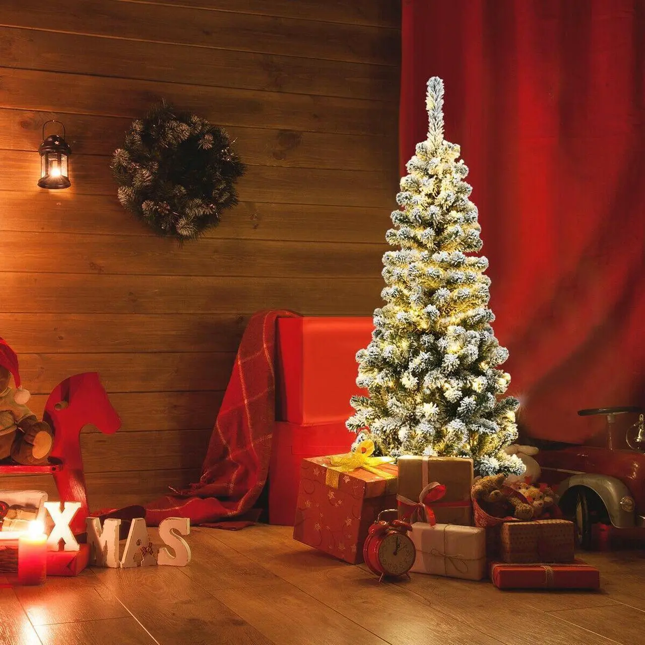 Alt view image 2 of 7 - SlickBlue 4.5 Feet Pre-Lit Snow Flocked Pencil Christmas Tree with 150 LED Light