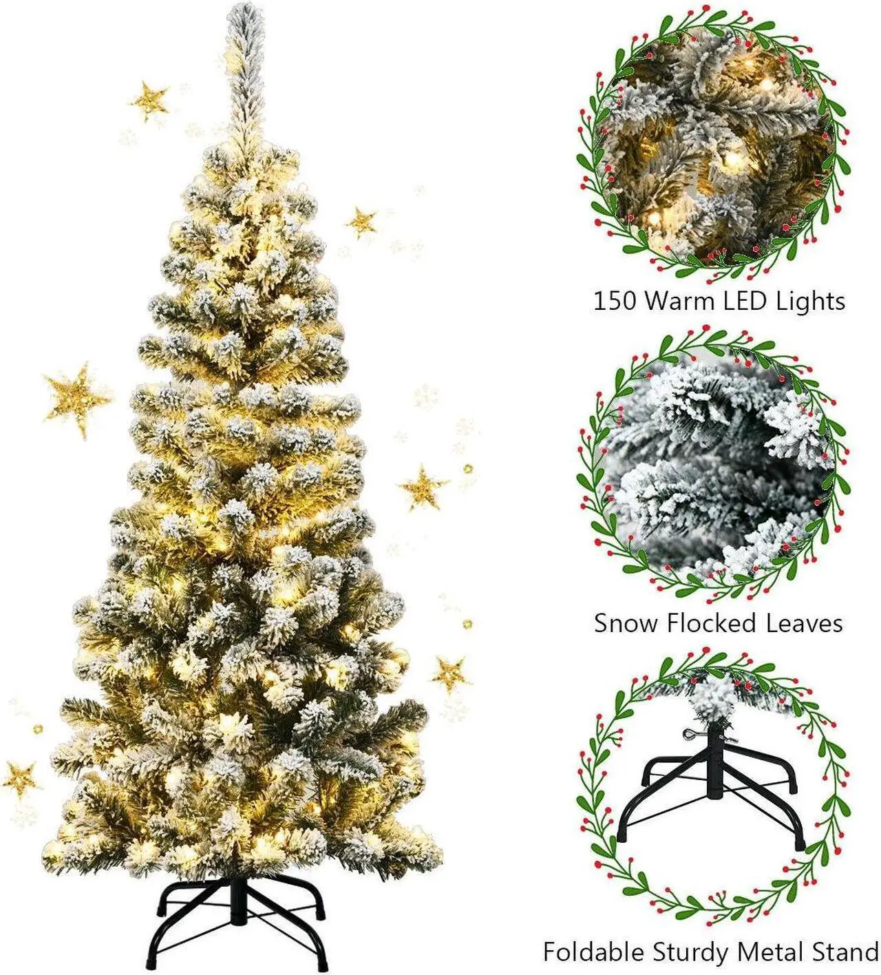 Alt view image 5 of 7 - SlickBlue 4.5 Feet Pre-Lit Snow Flocked Pencil Christmas Tree with 150 LED Light