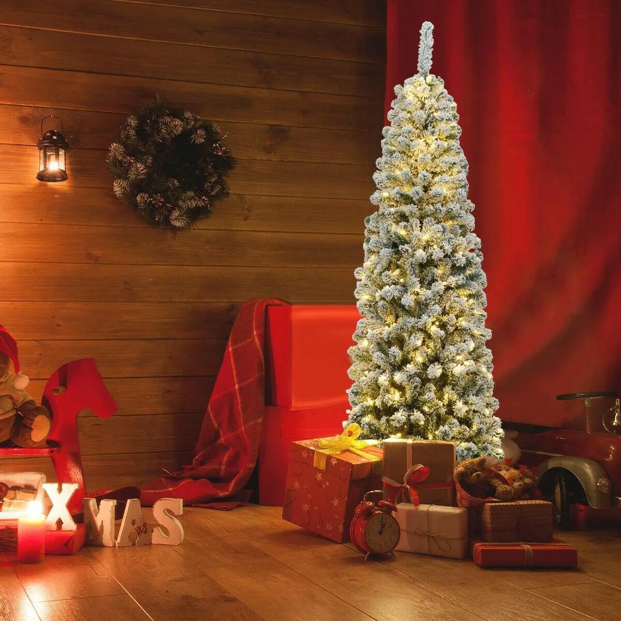 Alt view image 2 of 7 - SlickBlue 6 Feet Pre-lit Snow Flocked Artificial Pencil Christmas Tree with 250 LED Lights