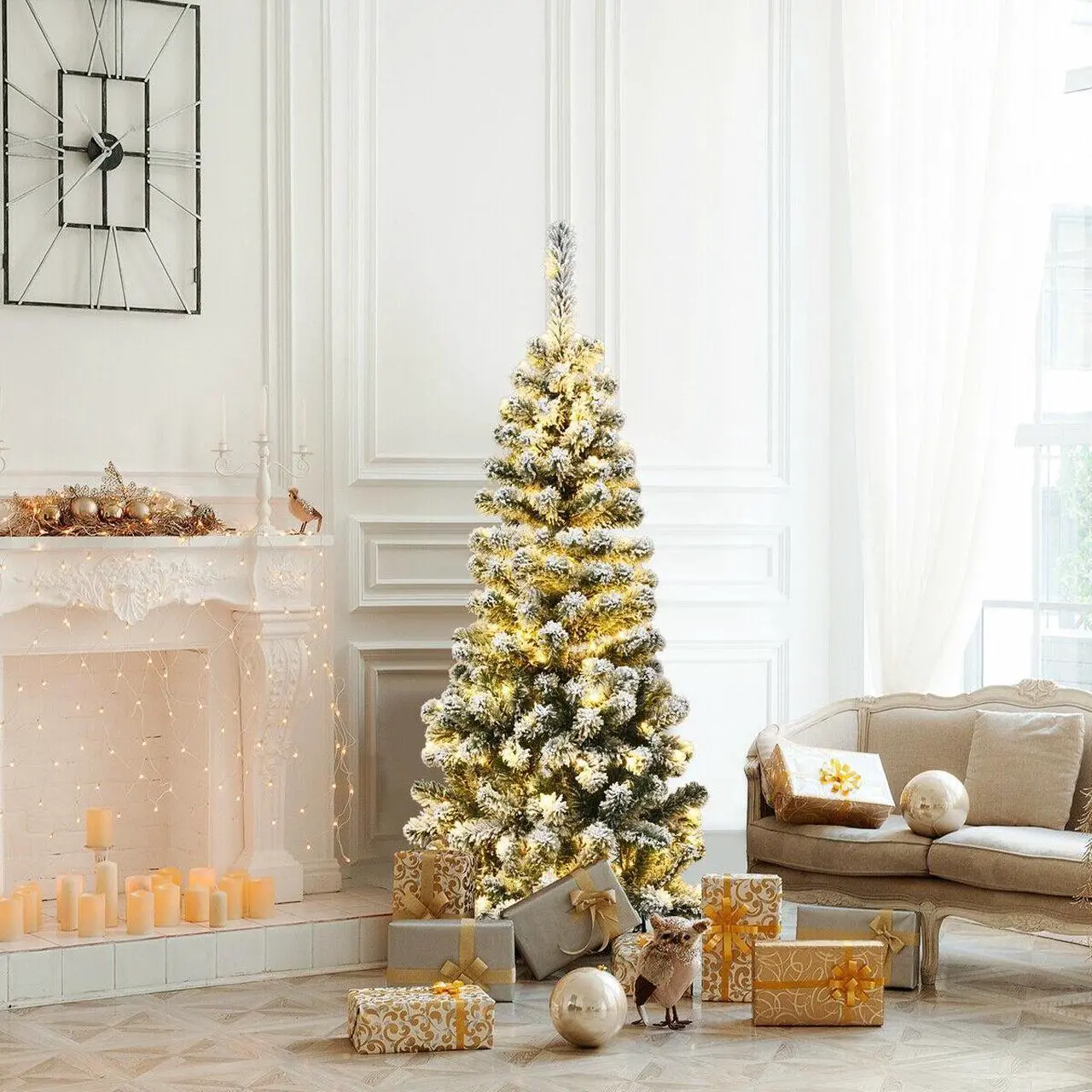 Alt view image 6 of 7 - SlickBlue 4.5 Feet Pre-Lit Snow Flocked Pencil Christmas Tree with 150 LED Light