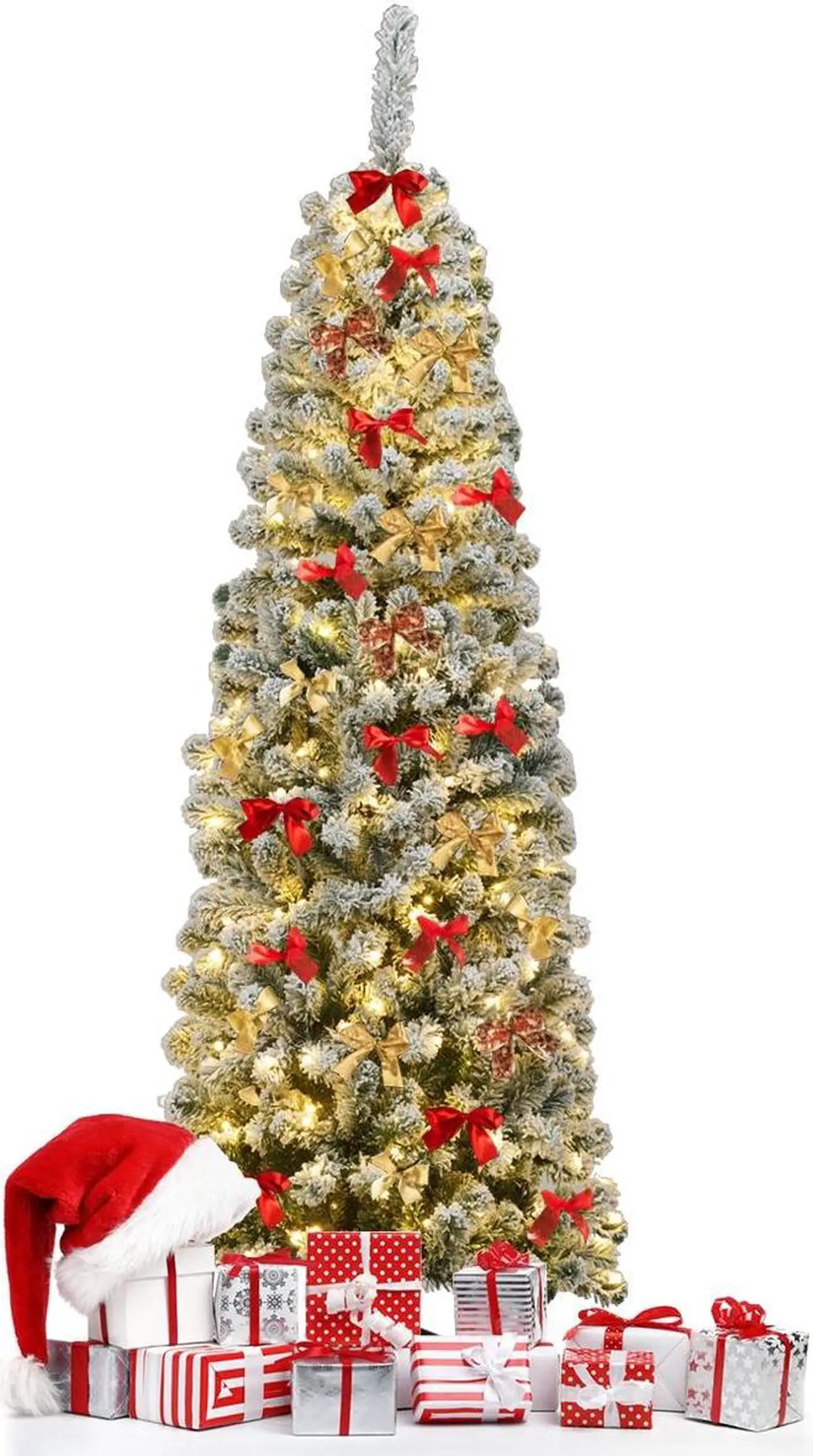 Alt view image 4 of 7 - SlickBlue 6 Feet Pre-lit Snow Flocked Artificial Pencil Christmas Tree with 250 LED Lights