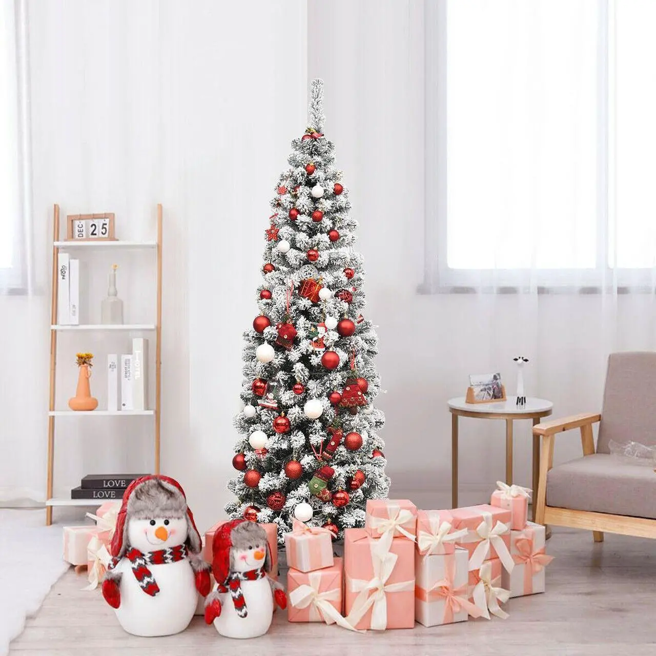 Alt view image 3 of 7 - SlickBlue 6 Feet Pre-lit Snow Flocked Artificial Pencil Christmas Tree with 250 LED Lights