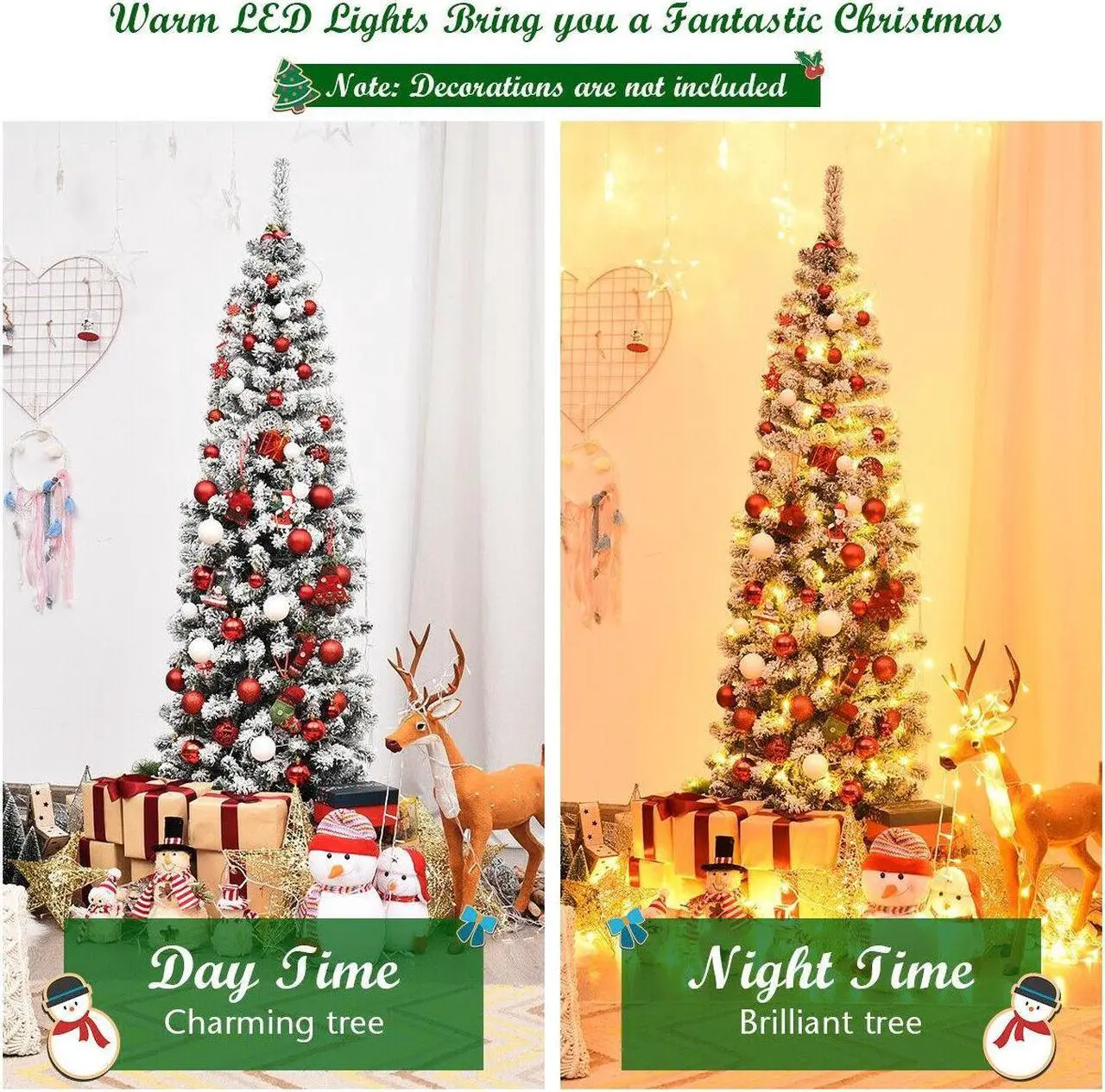 Alt view image 6 of 7 - SlickBlue 6 Feet Pre-lit Snow Flocked Artificial Pencil Christmas Tree with 250 LED Lights