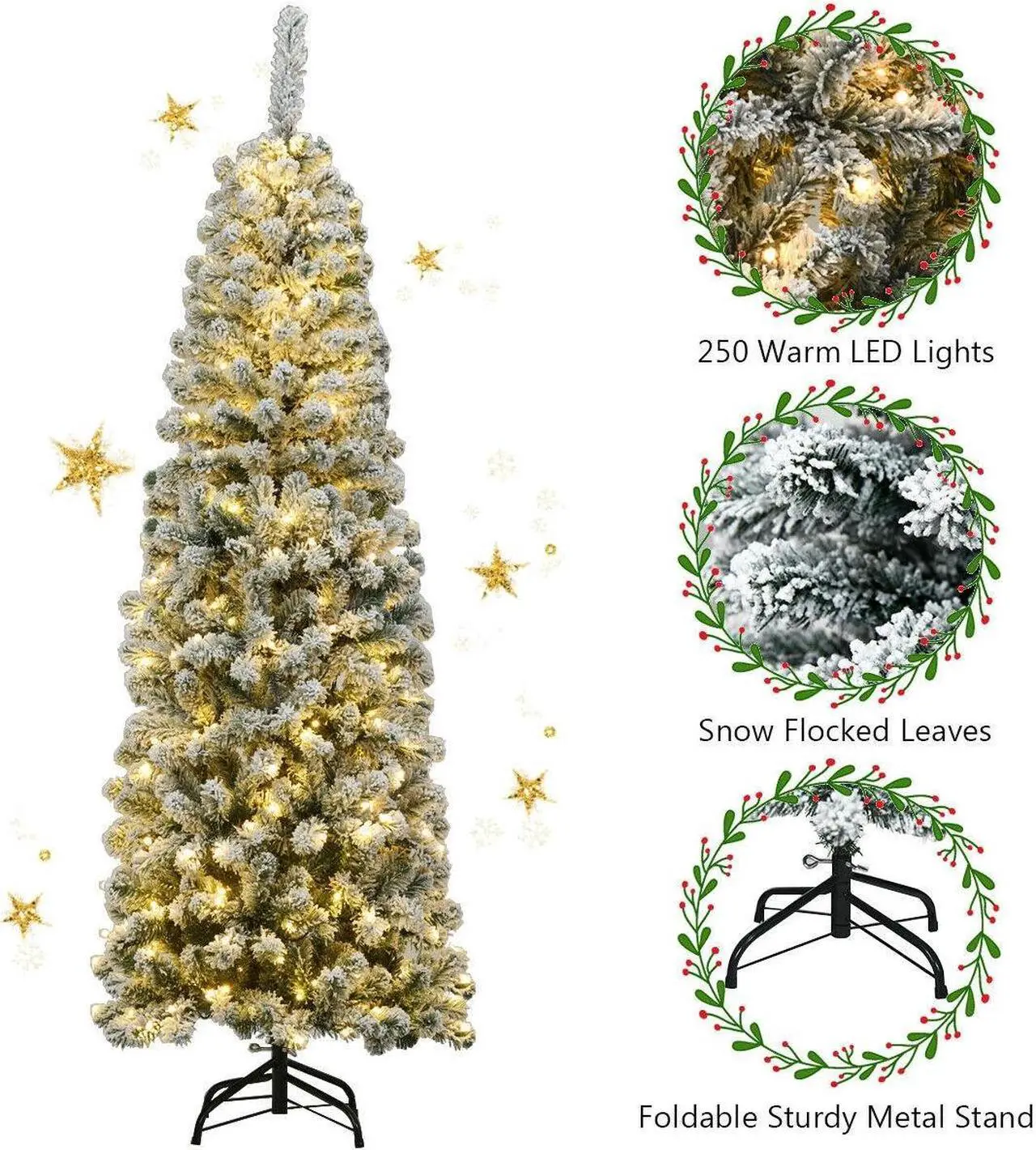 Alt view image 7 of 7 - SlickBlue 6 Feet Pre-lit Snow Flocked Artificial Pencil Christmas Tree with 250 LED Lights
