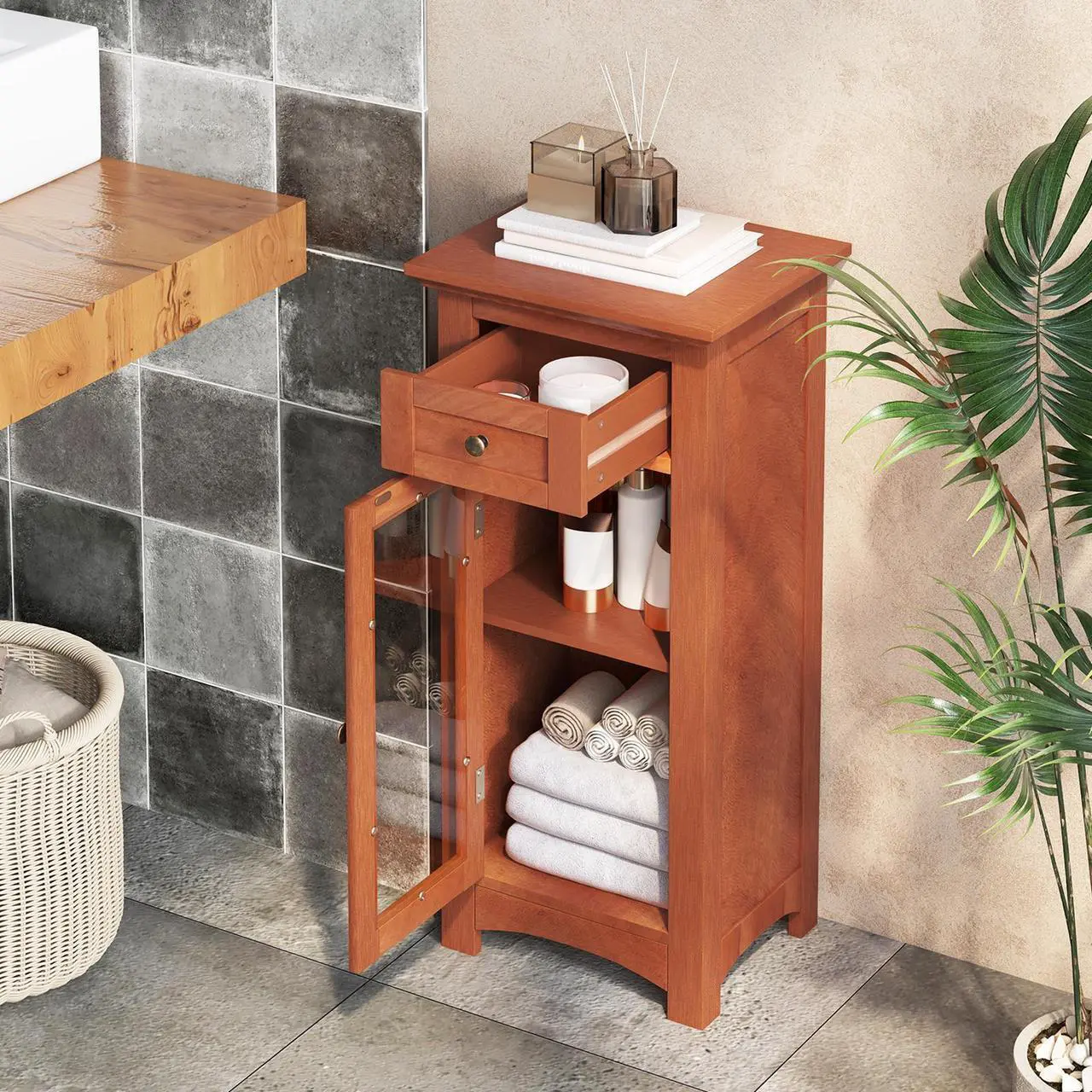 Alt view image 3 of 7 - SlickBlue Bathroom Freestanding Storage Cabinet with Single Glass Door