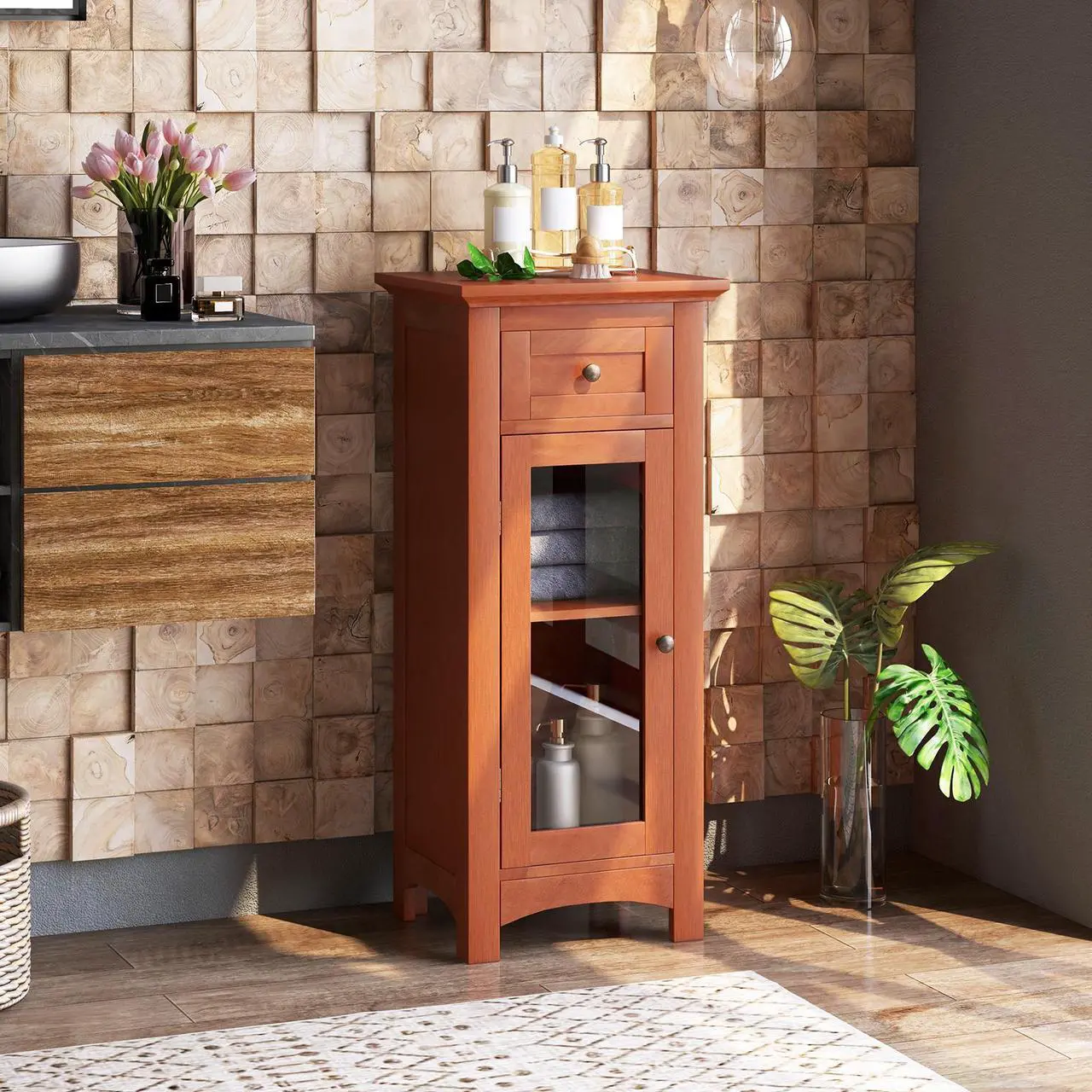 Alt view image 2 of 7 - SlickBlue Bathroom Freestanding Storage Cabinet with Single Glass Door
