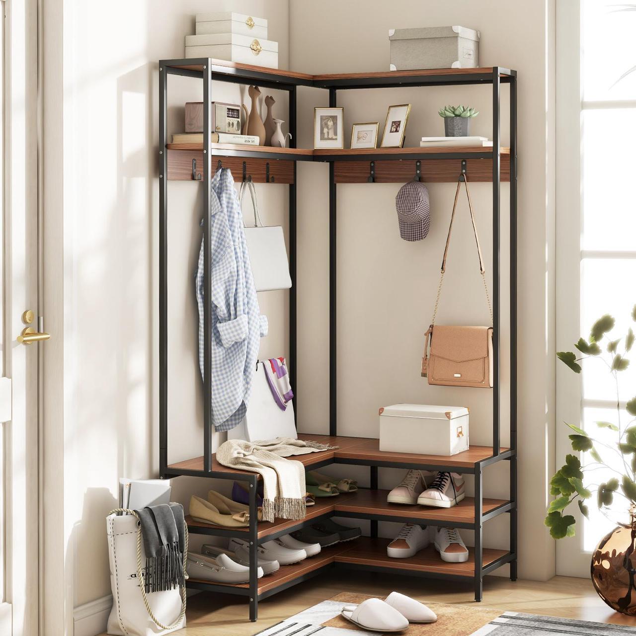 Alt view image 2 of 7 - SlickBlue Corner Garment Rack with Open Shelves and 7 Hooks Shoe Bench