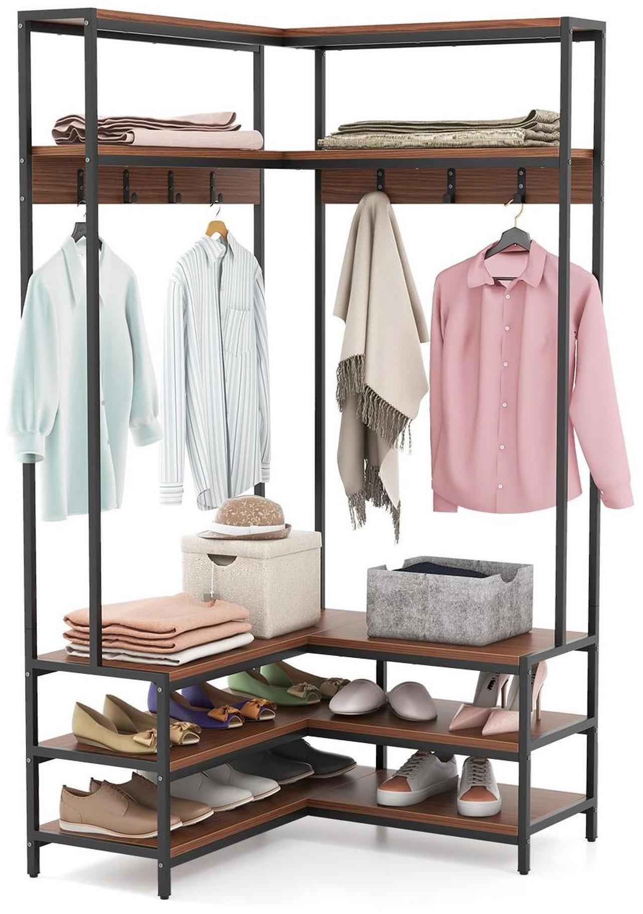 Main image of SlickBlue Corner Garment Rack with Open Shelves and 7 Hooks Shoe Bench