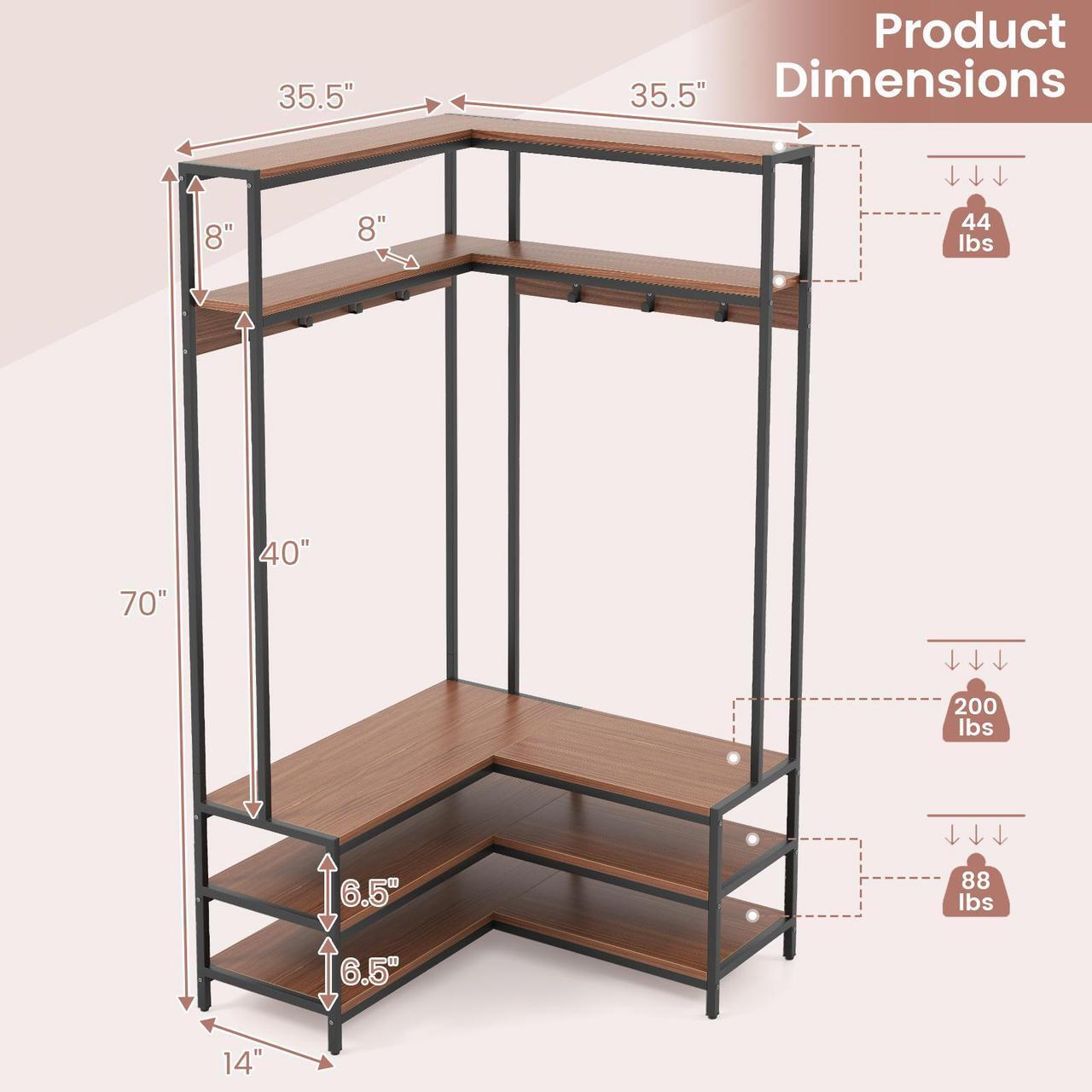 Alt view image 4 of 7 - SlickBlue Corner Garment Rack with Open Shelves and 7 Hooks Shoe Bench