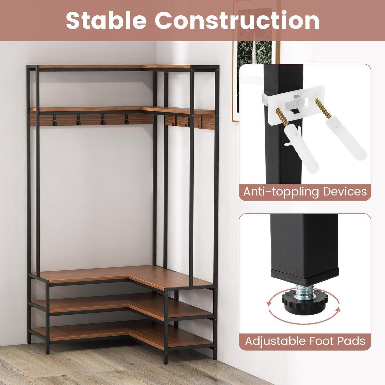Alt view image 6 of 7 - SlickBlue Corner Garment Rack with Open Shelves and 7 Hooks Shoe Bench
