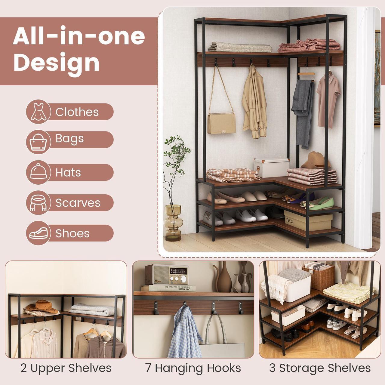 Alt view image 7 of 7 - SlickBlue Corner Garment Rack with Open Shelves and 7 Hooks Shoe Bench
