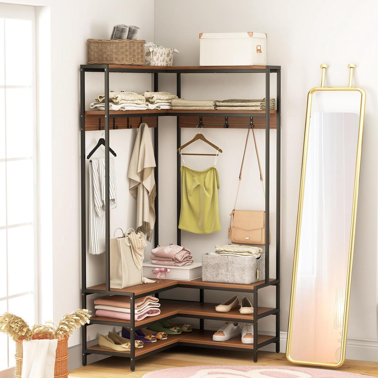 Alt view image 5 of 7 - SlickBlue Corner Garment Rack with Open Shelves and 7 Hooks Shoe Bench