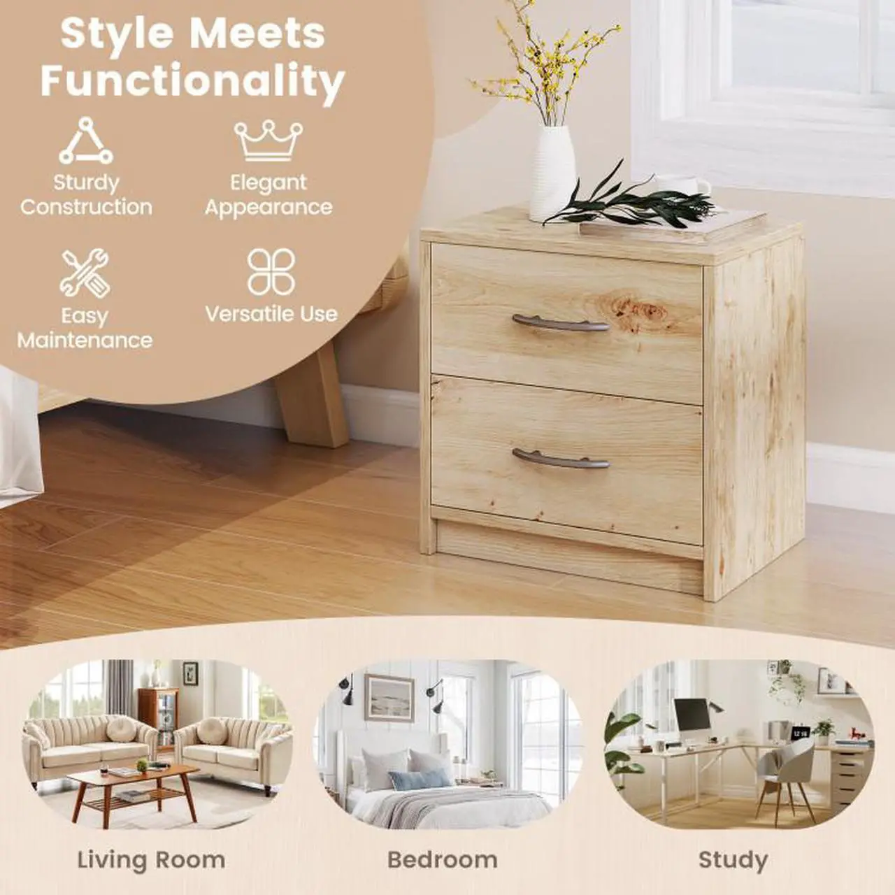 Alt view image 5 of 7 - SlickBlue 2 Drawer Nightstand with Storage for Living Room