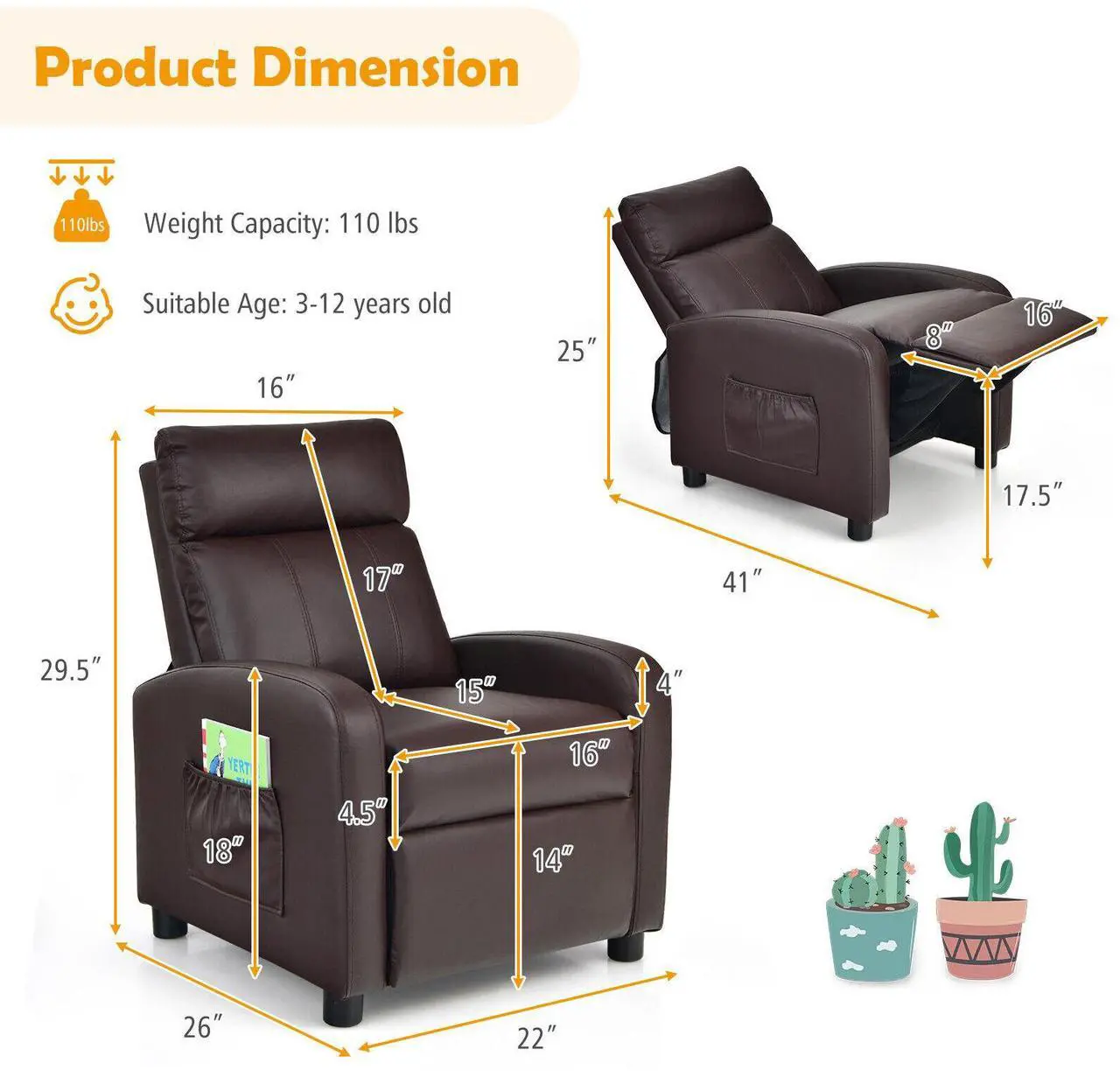 Alt view image 4 of 7 - SlickBlue Ergonomic PU Leather Kids Recliner Lounge Sofa for 3-12 Age Group